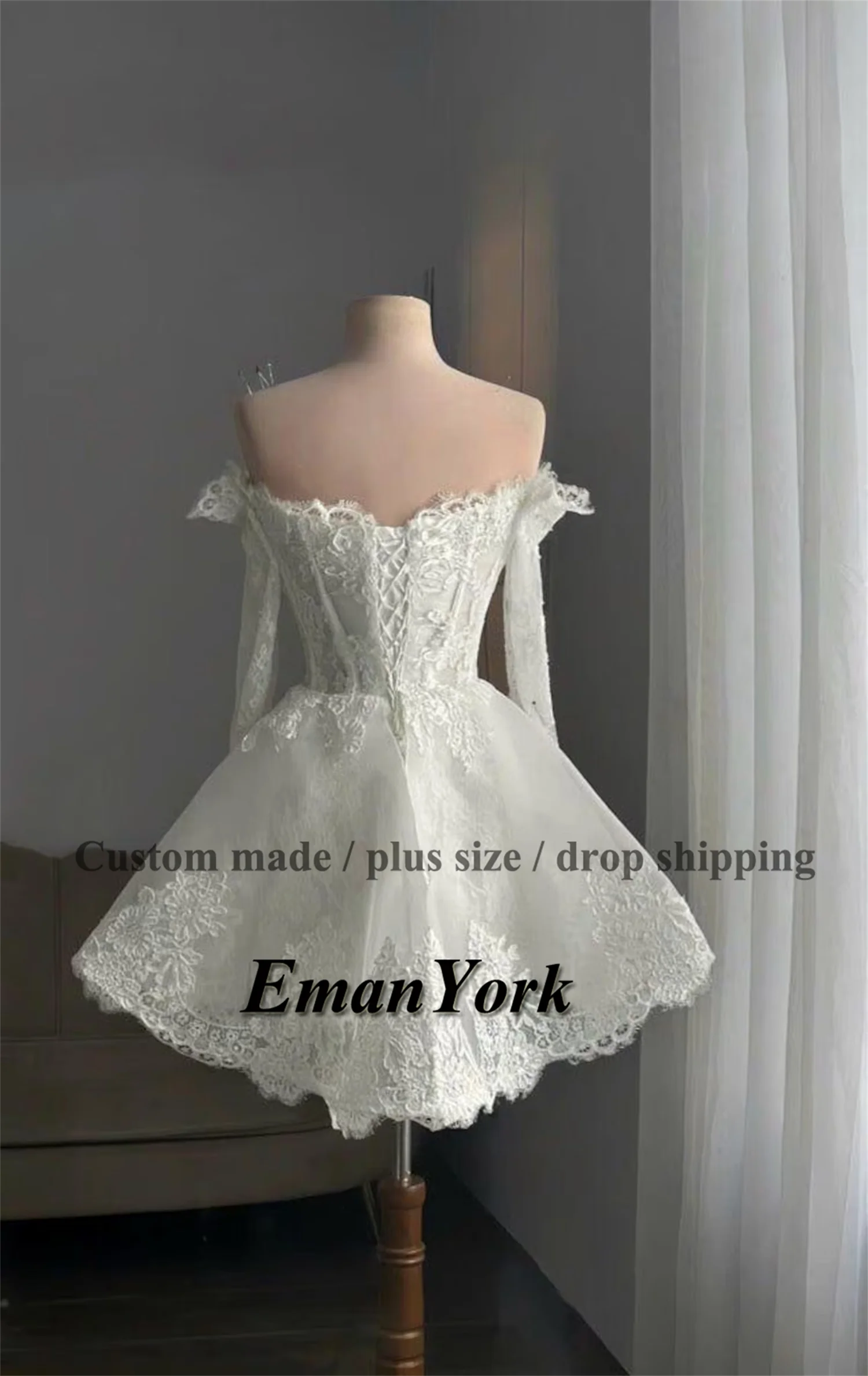 EmanY Delicate Short Wedding Dresses for Women with Appliques Off the Shoulder A-line Lace up Vestidos Novias Boda Customized