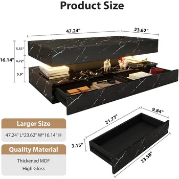 47inch High Glossy LED Coffee Table with Wireless Charging and Speaker, Modern Coffee Table With 2 Sliding Drawers, Double-Layer 2