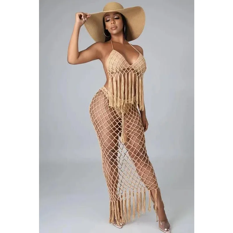 

Women Handmade Crochet Bikini Cover Ups Tassel Cup and Long Skirt Three Pieces Sets Mesh Macrame Swimsuit Dress Suit