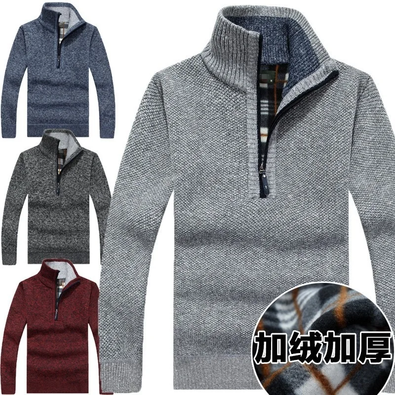 Men's Fleece Thicker Sweater Half Zipper Turtleneck Warm Pullover High Quality Male Slim Knitted Wool Sweaters For Spring 2