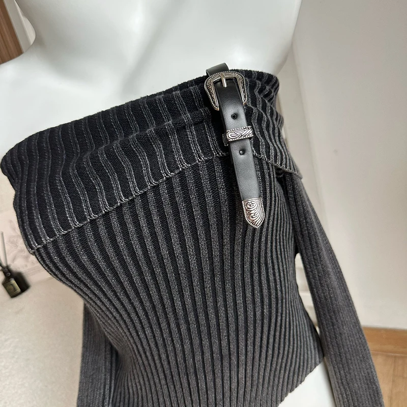 S057732bf4fa64a84bd3099688a3f98e2G Fashion Simple Classical Knitted Sweater Slash Neck Off Shoulder Long Sleeve Pullovers Flare Sleeve Autumn Winter Y2K Streetwear Mallzona