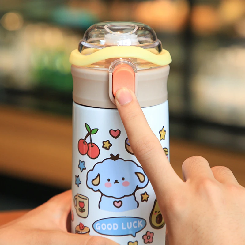 Double-Drink Tumbler Kawaii Kids Insulated Cups Cute Water Bottle For Girls  Cartoon Portable Straw Thermos Coffee Vacuum Flasks