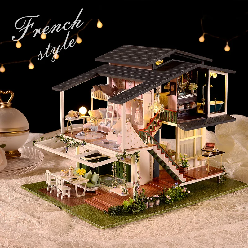 DIY Wooden Doll Houses Monet Garden Casa Miniature Model Kit Villa Dollhouse with Furniture Led Light for Friends Birthday Gifts 2