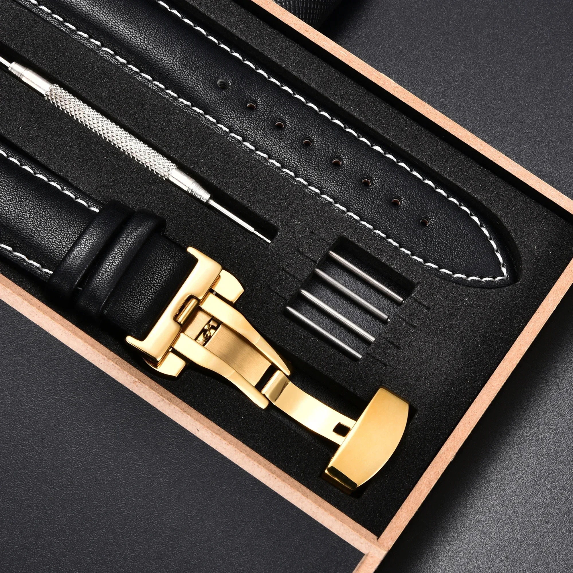 Luxurious Genuine Leather Watchband with Automatic Butterfly Buckle - Elegant Business Wrist Strap with Gift Box