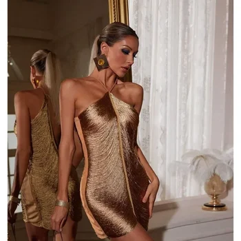 Mini abito con scollo a V con frange Abiti con scollo all'americana Abiti da donna eleganti con cut-out Abito corto con nappe asimmetriche patchwork di moda