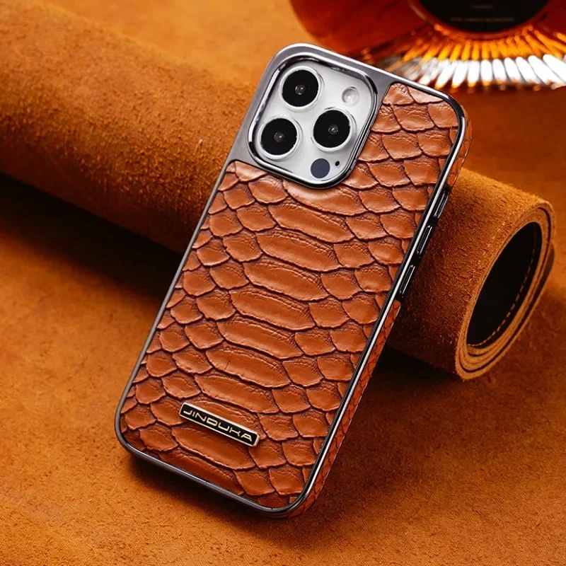 Luxury Python Texture Leather Electroplating Phone Case with Built-in Flannel