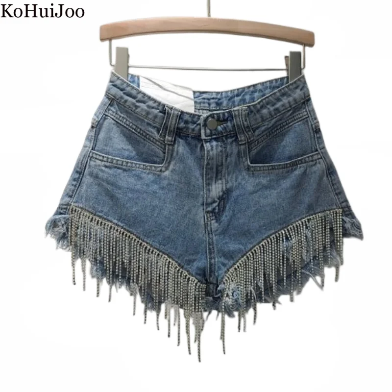 

Kohuijoo Diamond Tassels Jean Shorts Female Summer Hole High Waist Women Shorts Light Blue Straight Denim Shorts Sexy