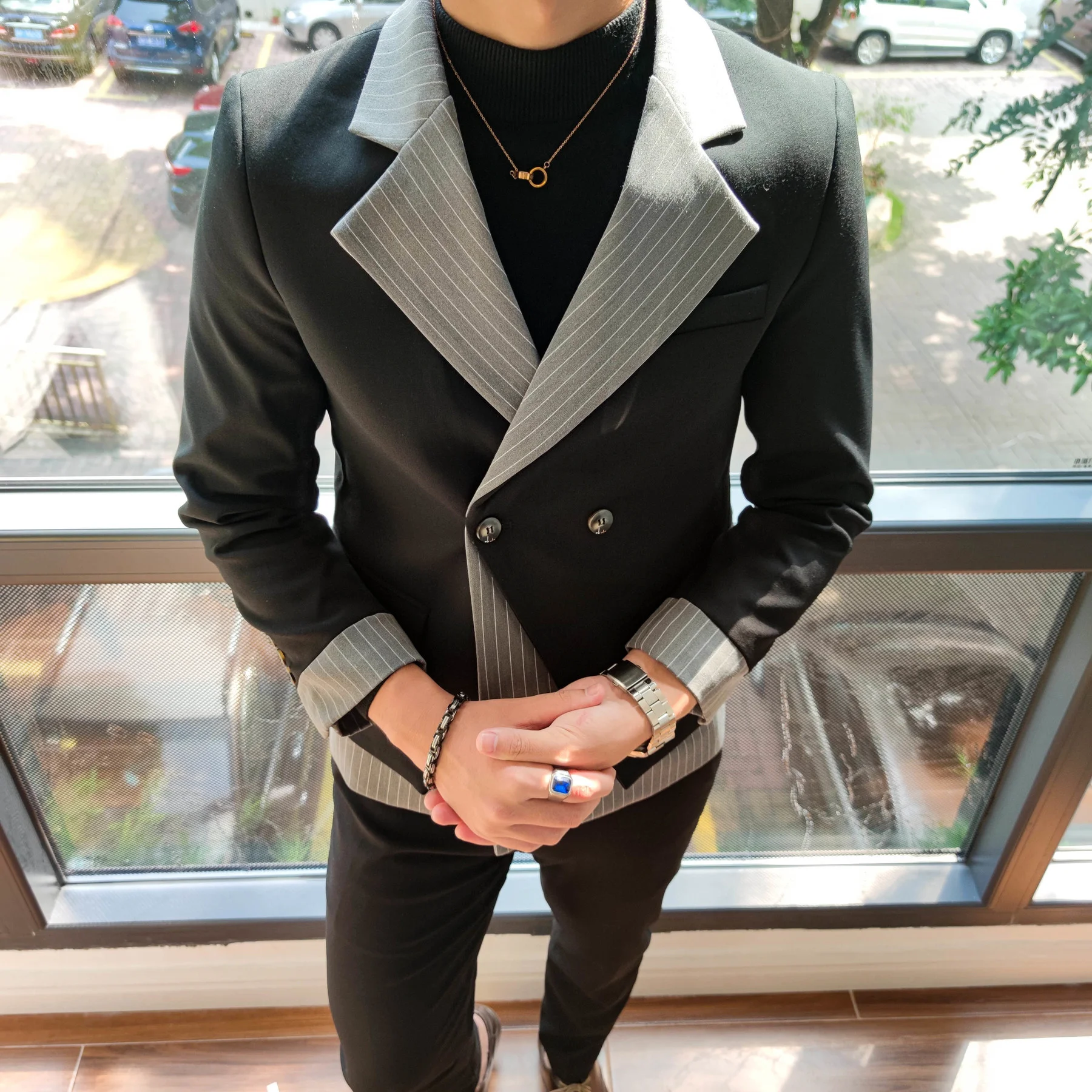 

Мужской костюм в стиле пэчворк, костюм из двух предметов, Блейзер, облегающий смокинг, Блейзер, костюм для сценической вечеринки и клуба, в Корейском стиле, 2023