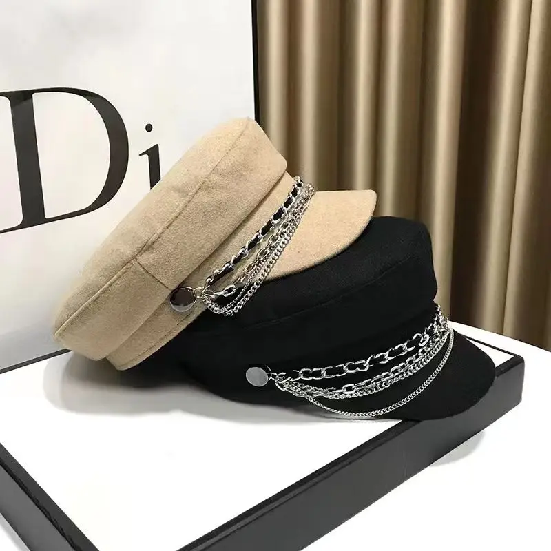 Stylish Navy sun hat Casual military hat women's cotton beret flat cap Captain's cap High quality outdoor casual chain sailor hat women military hat