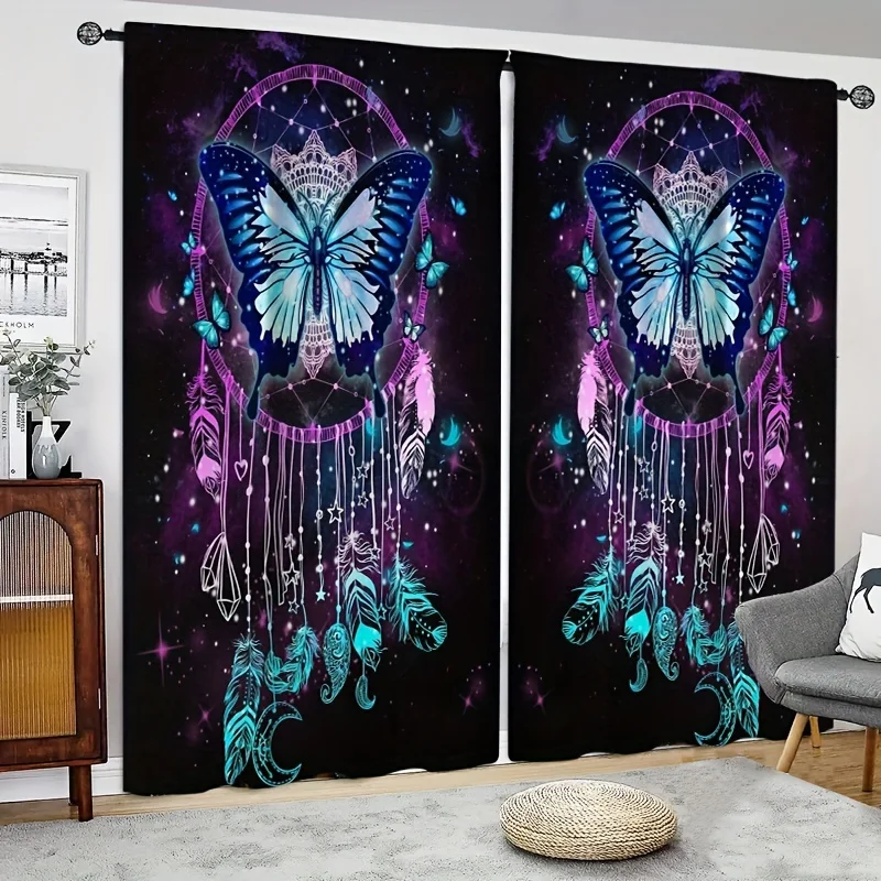 

2 Panels Boho Colourful Dreamcatcher Semi 65% Blackout Window Curtains For Study Bedroom Kitchen Living Room Office Home Decor