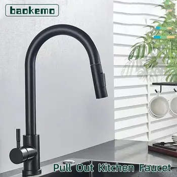 Baokemo Black Stainless Steel Kitchen Faucet Flexible Pull Out Two Modes Nozzle Hot Cold Water Mixer Tap Single Handle 1