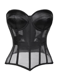 Elegant Black Strapless Mesh Corset Top for a Sculpted Silhouette (Black)