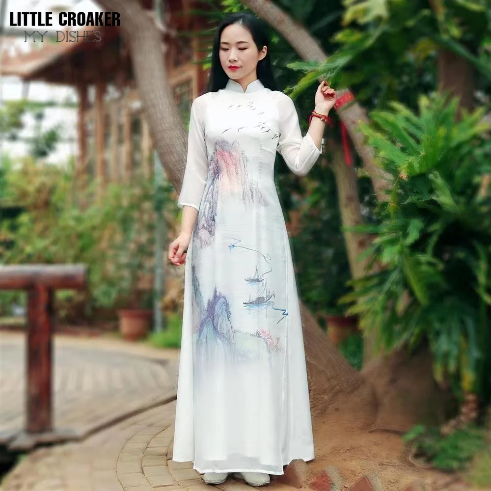 

Spring Summer Ao Dai Cheongsam Folk Style Vietnam Chiffonmodernized Ao Dai Elegant Women Chinese Traditional Dress Improve Qipao
