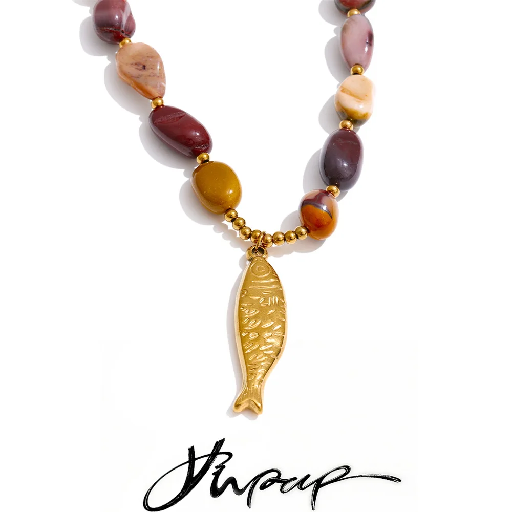 Yhpup Natural Stone Beads Chain Fish Pendant Necklace