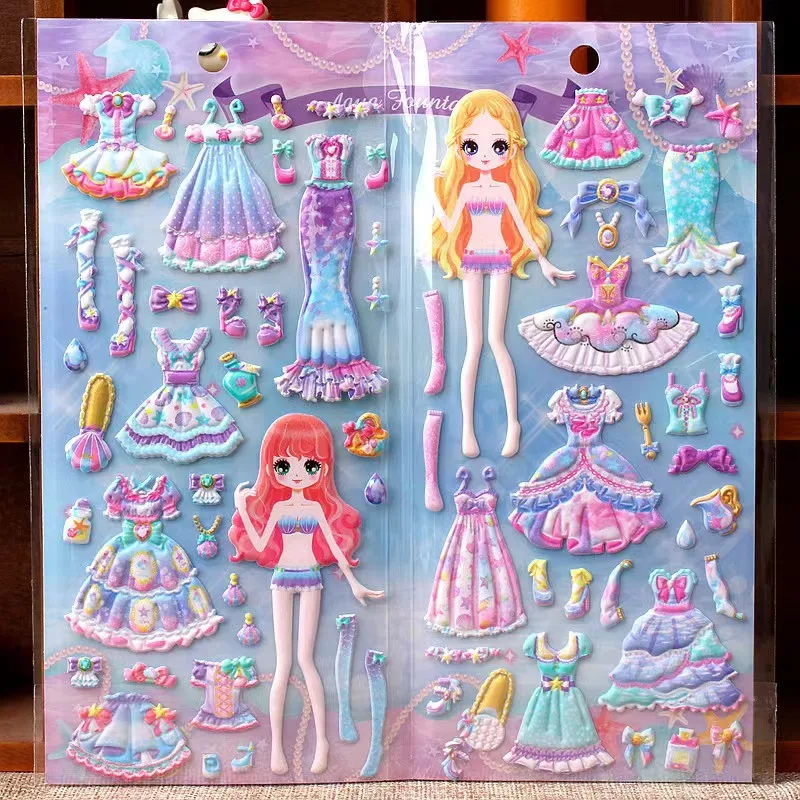 Crianças Vestir Boneca Adesivos, Dupla Camada, 3D Princesa, Desenho Animado  Etiqueta de Papel, Menina Kawaii Traje