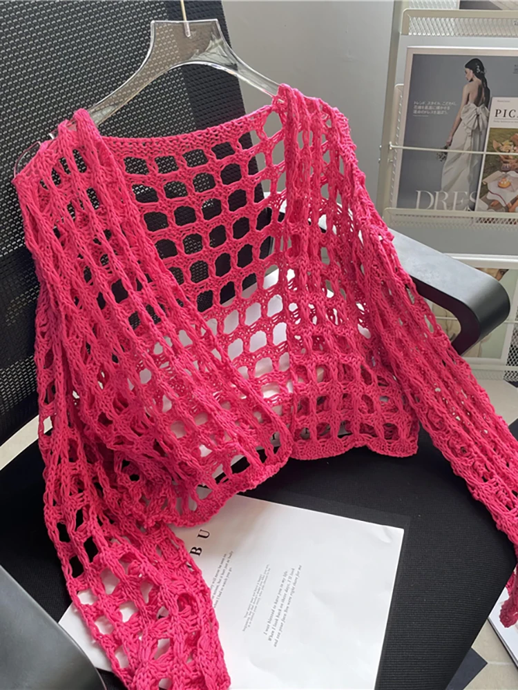 

New 2023 Cardigan Women Hollow Out Grid Long Sleeve Loose Thin Knitted Outwear Summer Autumn Korean Fashion Female Sweater