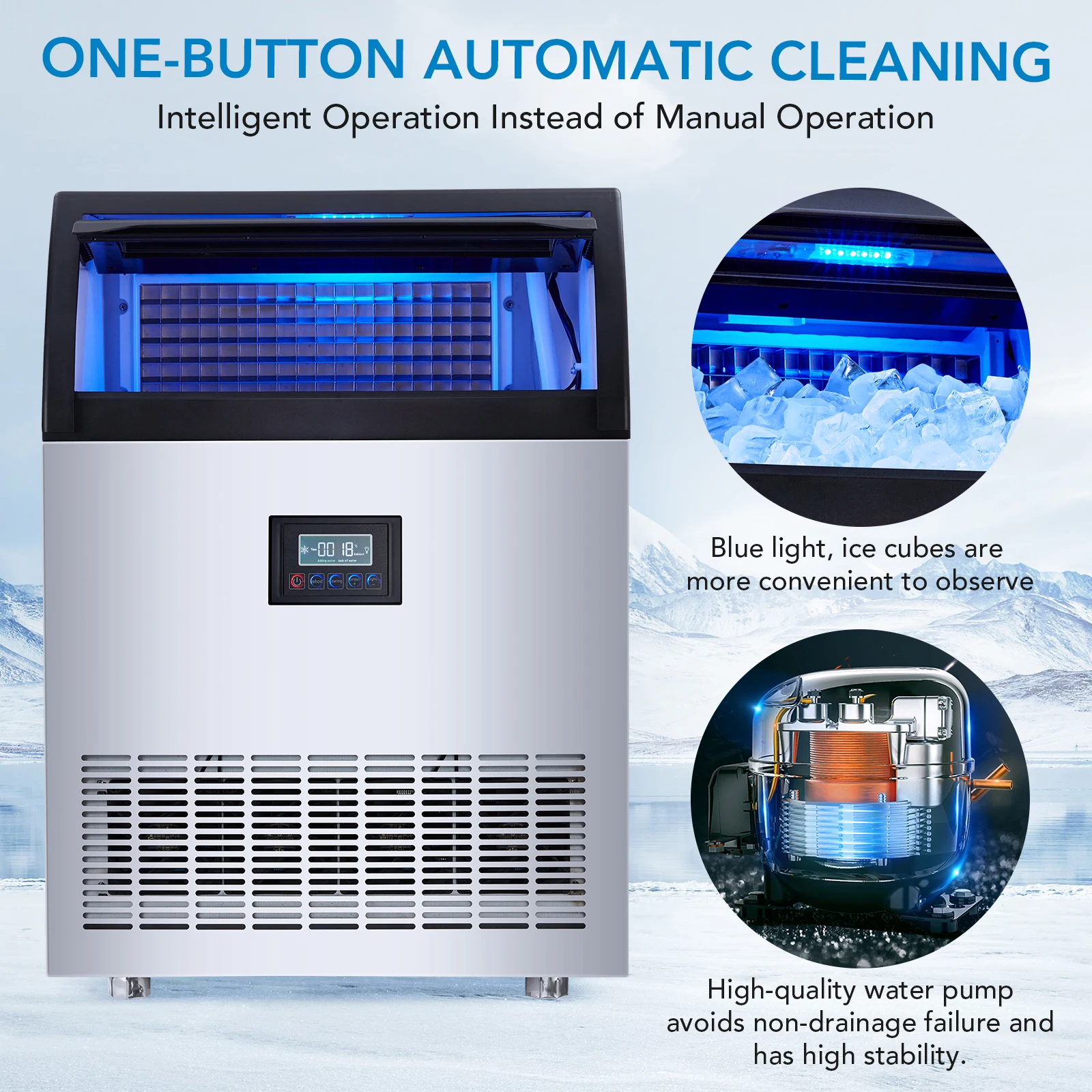 265LB/24H Stainless Steel Under Counter Ice Maker with Self Cleaning, 55 Lbs Storage Basket for Home Office Restaurant Bar