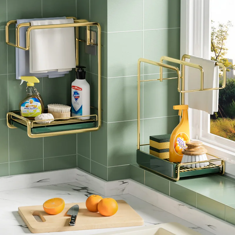 Light luxury style Rag Drain Rack Kitchen Storage Holders Gold Wall Shelf Organizer Metal Double-layer Bracket Delicate Texture