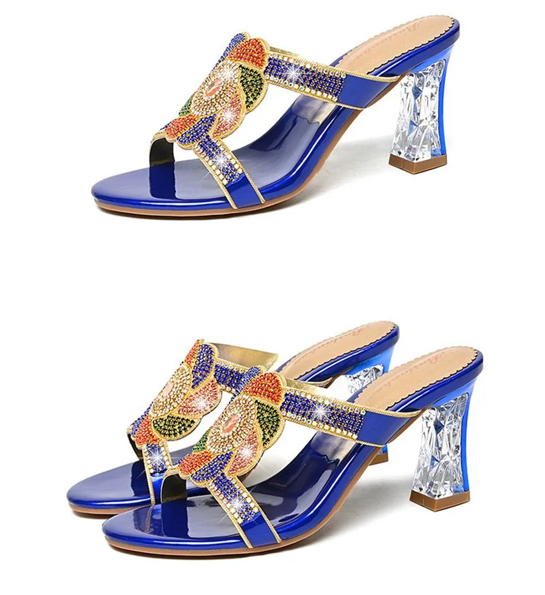 Summer New Comfort Non-slip High Heel Genuine Leather Crystal Inlaid Diamond Women's Beach Fashion Versatile Bohemian Shoes