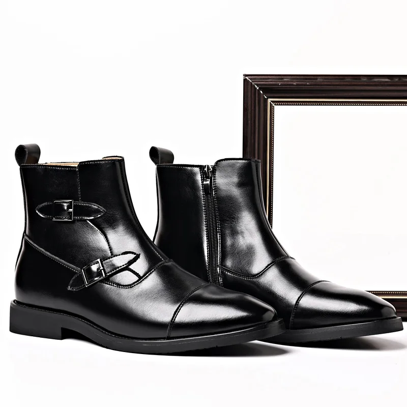 

Men Short Boots Double Buckle Men's Ankle Boot Side Zipper Black Brown Business Pu Leather Size 38-46 Mens Boots
