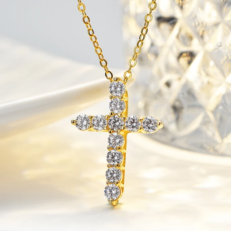 

S925 Silver 1.1ct Moissanite Cross Necklace Women Ins Jewelry D Color Moissanite Diamond Necklace 14K Gold Plated Pass Tester