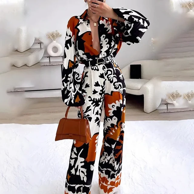 Matching Sets Printing Women Suits Belt Elastic High Waist Wide Leg Female Pants  Two Piece Set Long Sleeve Top Outfits Female - Pant Sets - AliExpress