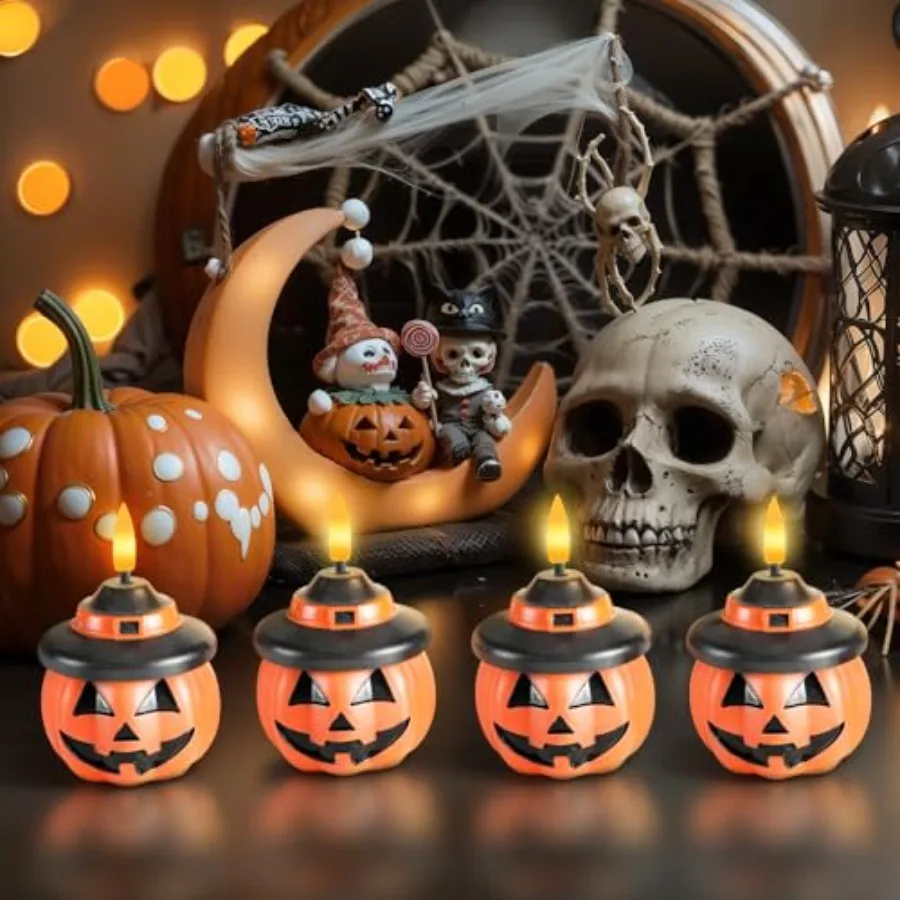 Real Wax Pumpkin Candles 4 Pcs Flickering Flameless Candles with 6hrs Timer LED Halloween Pumpkin Lamp Battery Operated Lights