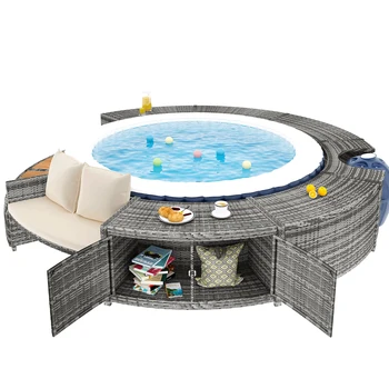 Set lounge da giardino con divano rotondo, set di mobili da giardino, per idromassaggio e piscina, con piedini regolabili, compresi cuscini 1