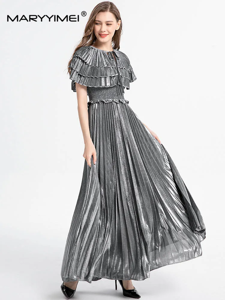 

MARYYIMEI Spring Summer Fashion Women's dress Ruffles Cloak Sleeves Elastic waist Slim elegant party pleated Long Dresses