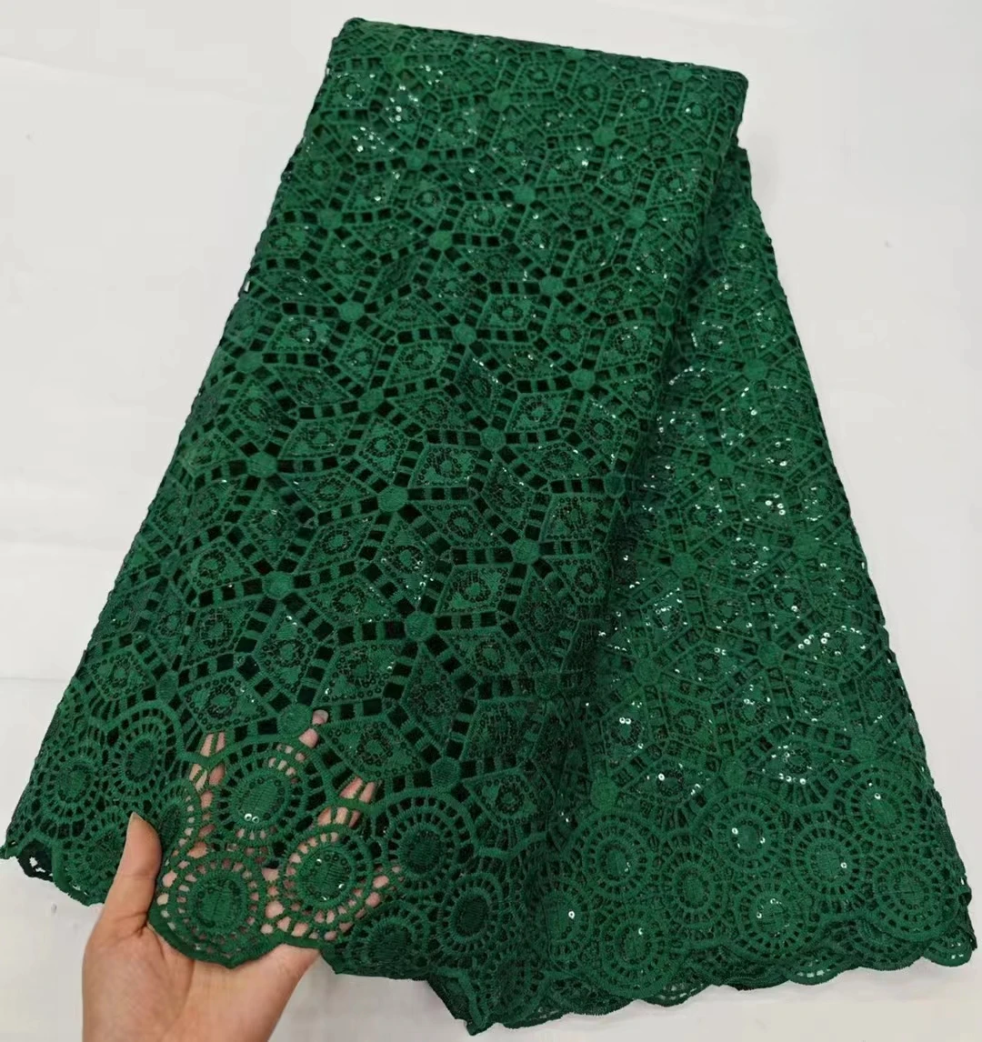 

Latest Green African Guipure Cord Sequins Lace Fabric 2024 High Quality Nigerian Milk Silk Water Soluble Lace Fabric KHD24109