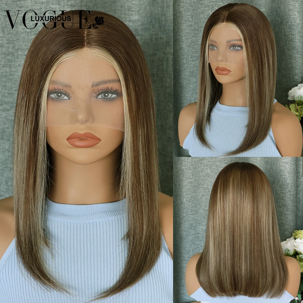 

Highlight Ash Brown Bob Wig Preplucked Brazilian Virgin Human Hair 13x4 Lace Front Straight Wigs for Women 12A Ombre Color