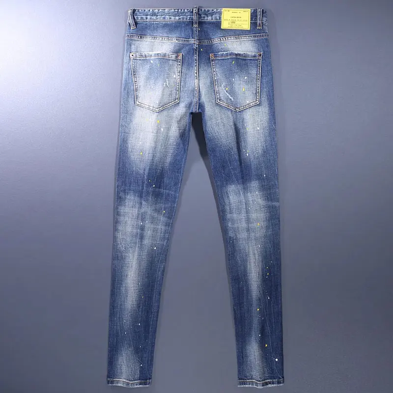 Street Fashion Men Jeans Retro Light Blue Stretch Slim Fit Painted Ripped Jeans Men Patch Designer Hip Hop Brand Pants Hombre