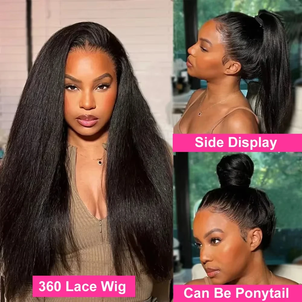 360 Invisi Strap Kinky Straight Wig Full Lace Yaki Straight Human Hair Wig Pre Plucked 200% Density For Women Choice 5