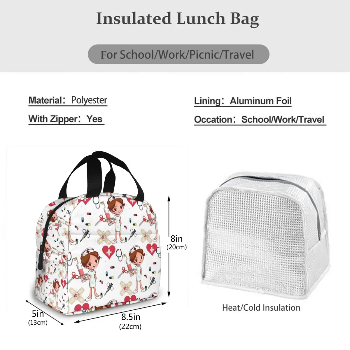 Portable Lunch Bag Cartoon Nurse Pattern Thermal Insulated Lunch Tote Cooler Handbag Bento Pouch Container School Food Bags