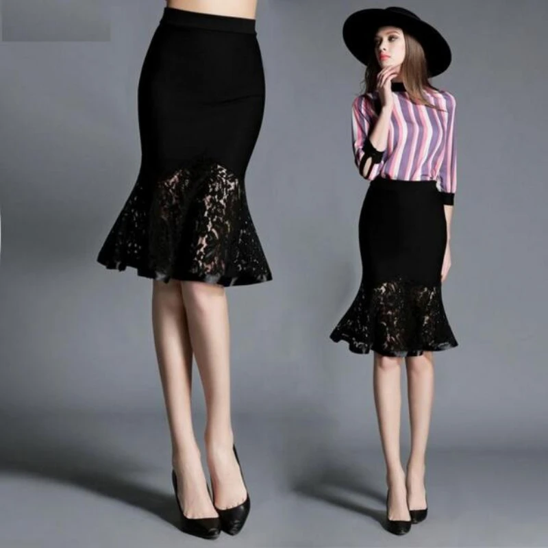 Women Summer New Casual Patchwork lolita Lace Pencil Skirt High Waist