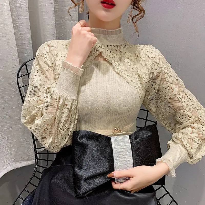 

Women's Autumn Winter Fashion Solid Color Half High Neck Lace Gauze Patchwork Versatile Long Sleeved Slim Fit Sweater Tops