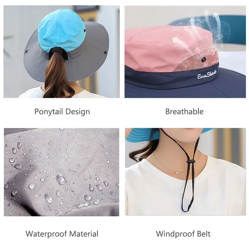 Parents-Child Fishing Hat 2023 Women Summer Ponytail Hat Outdoor UV Protection Bucket Hat Large Wide Brim Bob Hiking Sun Hat_voghion.com