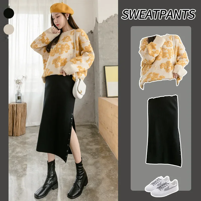 Fashionable Knitted Maternity Skirt Half-length Maternity Dress with Belly Support Winter Autumn Season Open Split Design