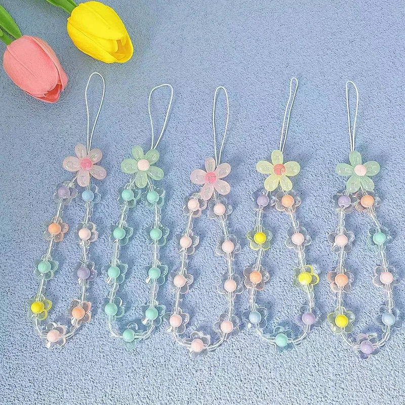 Sweet Flower Beaded Phone Chain Lanyard for Women Fashion Colorful Butterfly Cellphone Case Wrist Band Jewelry Accessories phone chain accessories