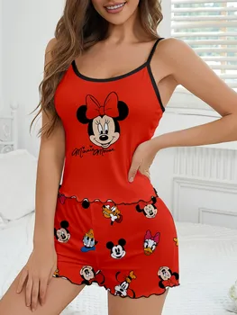 Women's 2-piece Disney Mickey Minnie Family Cute Cartoon Printed Pattern Strap Top and Shorts Pajamas Home Clothes 1
