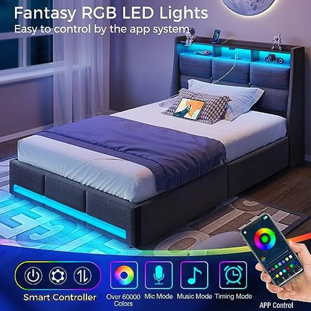 Twin Size Bed Frame LED Lights USB Charging Station Sliding Drawers Grey Linen Storage Shelf