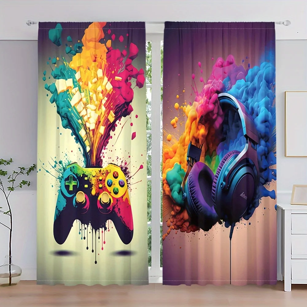 

2pcs Colorful Gamepad Headphones Print Curtain Rod Pocket Mount, Digital Printed Curtains For Living Room Gaming Room Bedroom