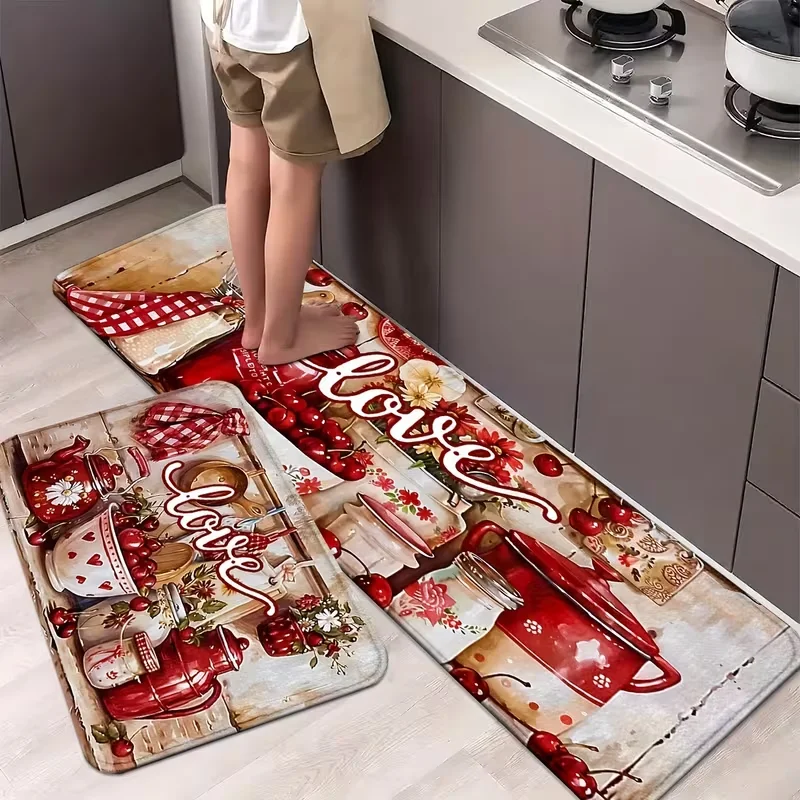 อุปกรณ์ในครัว พรมครัวสีแดง พรมห้องน้ำกันลื่นสำหรับห้องครัว บ้าน สำนักงาน ห้องซักรีด ห้องน้ำ ตกแต่งฤดูใบไม้ผลิ 1