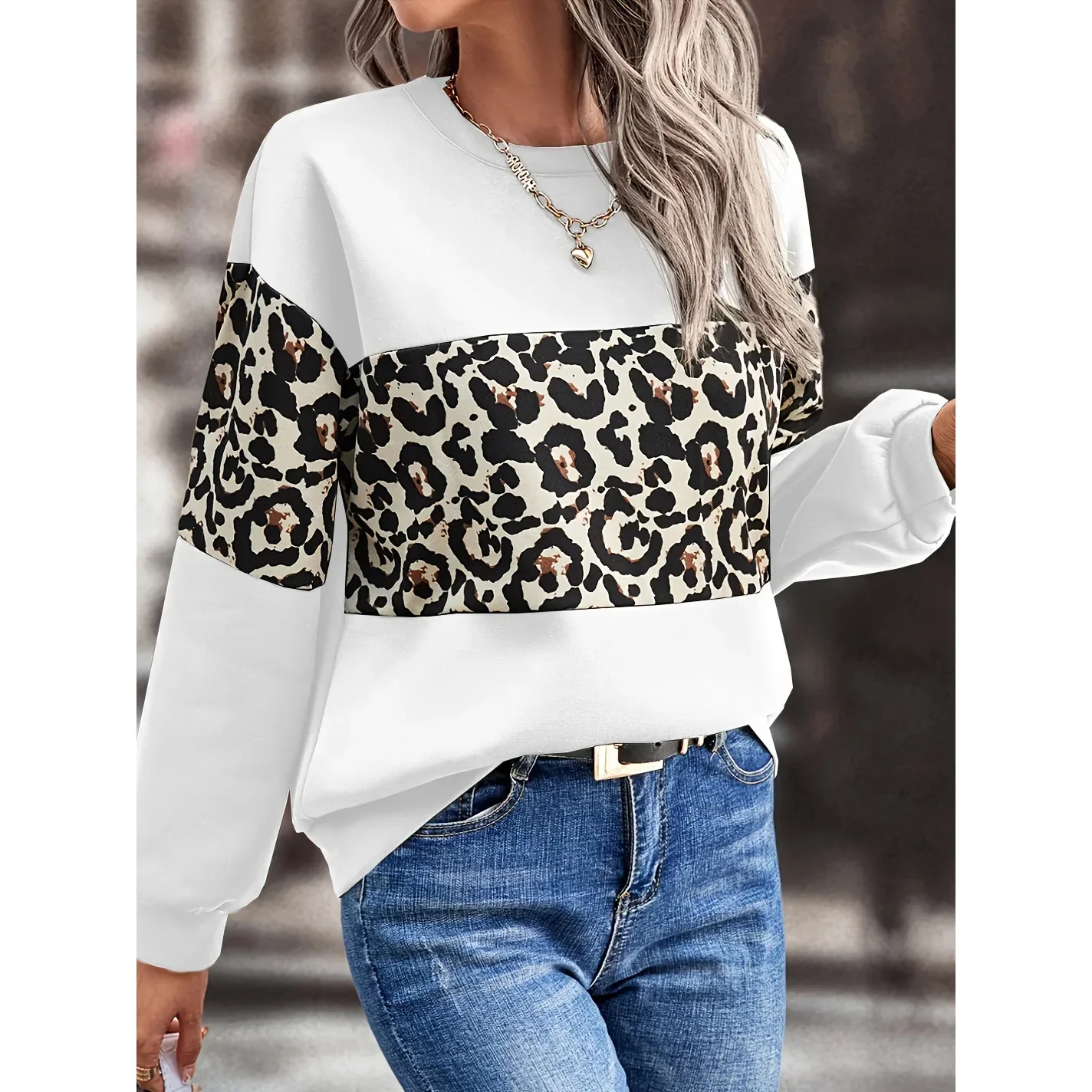 

Women's Hoodies Sweater Casual Elegant Autumn 2024 New Loose Round Neck Fashion Leopard Print Long-sleeved Patchwork Pullover