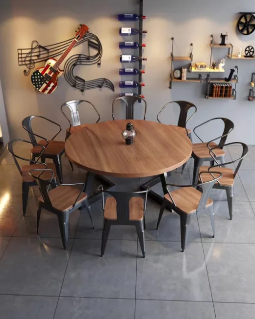 Description Picture 3 of itemNew Iron Art Solid Wood Dining Table and Chair Set Six Chair Combination Bar Hot Pot Shop Restaurant Restaurant