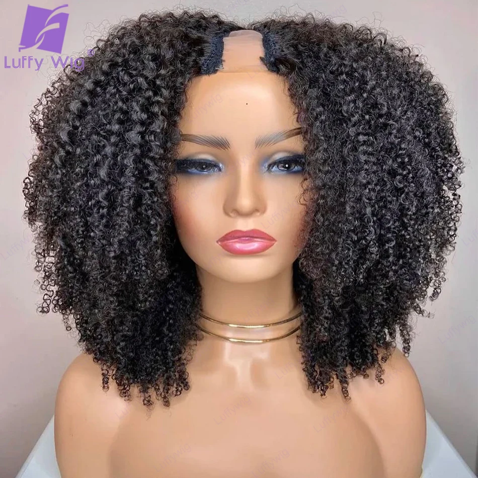 Afro Kinky Curly Wig V Part Human Hair Wigs Glueless 1x4 U Part Wig No Leave Out Blend with Your Own Hairline for Black Women