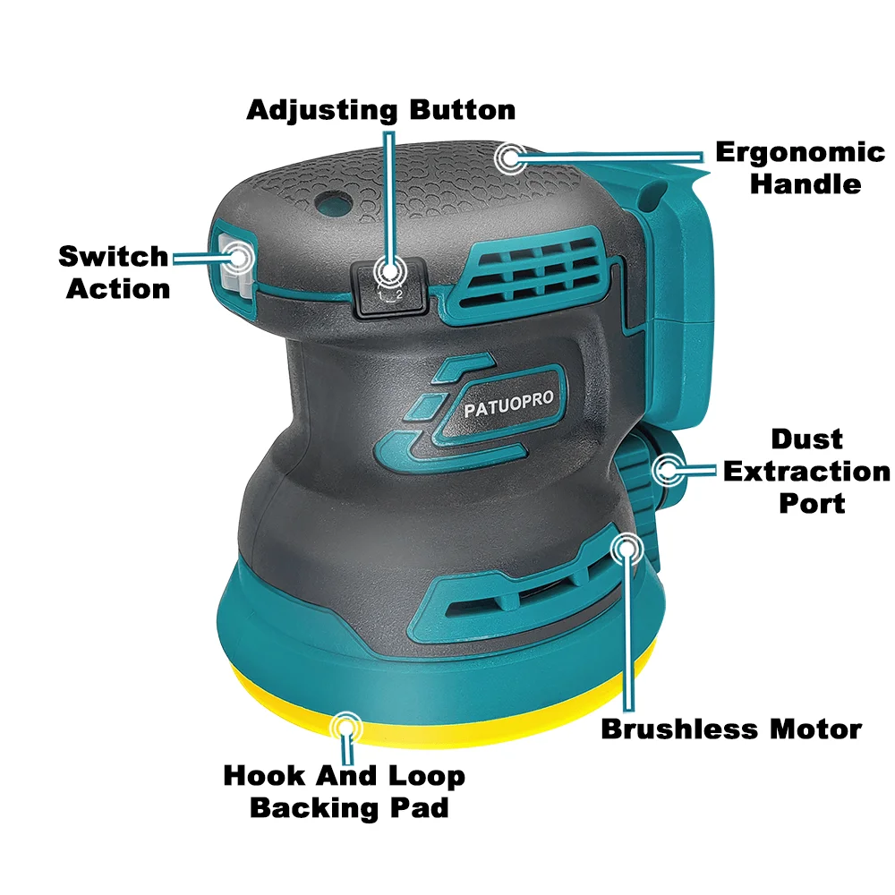 Electric Grinder Electric Sander PATUOPRO 125mm Brushless Random Orbital Electric Sander Wood Grinder Polishing Power Tools For Makita 18V Battery(No Battery)