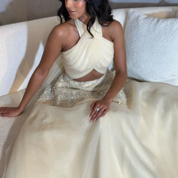 Saudi Arabic Halter Beige Dubai Evening Dress for Women Wedding Luxury Crystal Dubai Long Prom Party Dresses 444 1