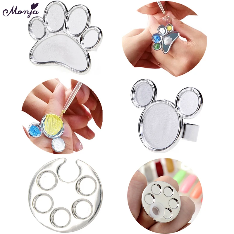 Monja Nail Art Mini Metal Finger Ring Palette Mixing Acrylic Gel Polish Painting Color Painting Dish Glue Palettes Tools