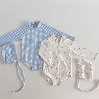 5428 Korean Baby Swimsuit 2025 Spring Summer New Boys and Girls Cute Printed Checkered Polka-dot Sun-proof One-piece Swimsuit 2